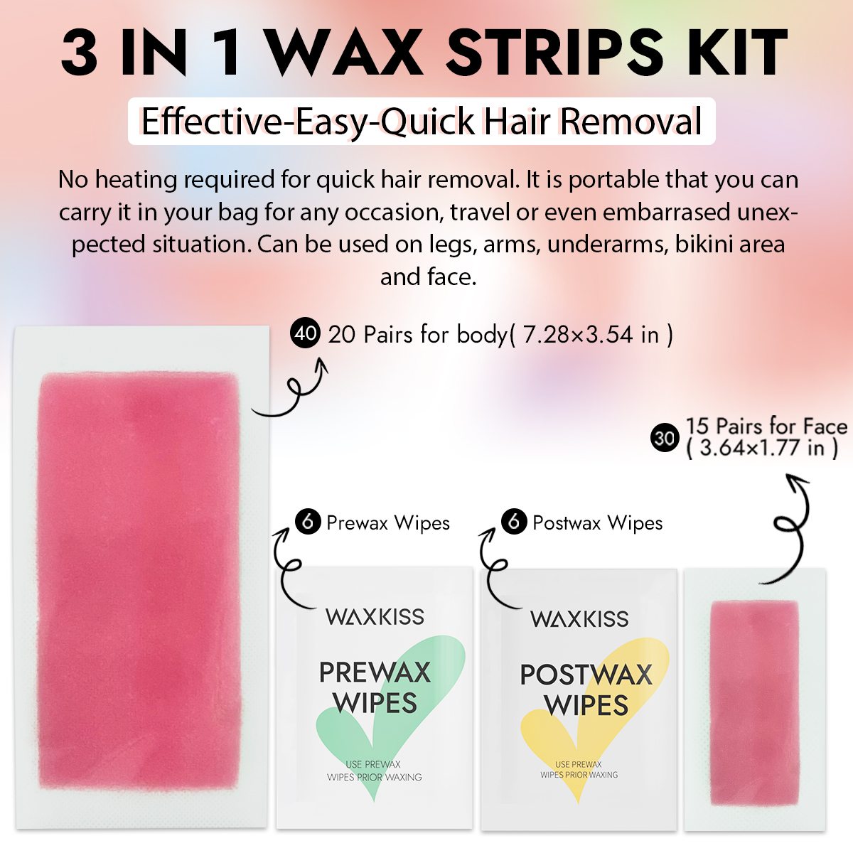 Waxkiss 70 Count Wax Strips for Hair Removal More Gentle Ready-to-Use Strips At Home Waxing Kit with 6 Prewax Wipes & 6 Postwax Wipes