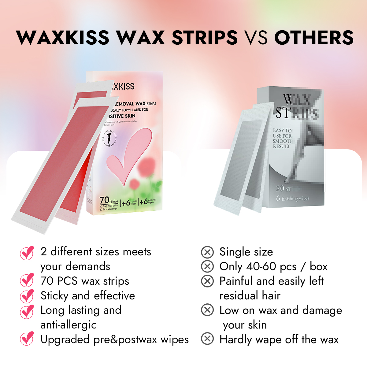 Waxkiss 70 Count Wax Strips for Hair Removal More Gentle Ready-to-Use Strips At Home Waxing Kit with 6 Prewax Wipes & 6 Postwax Wipes