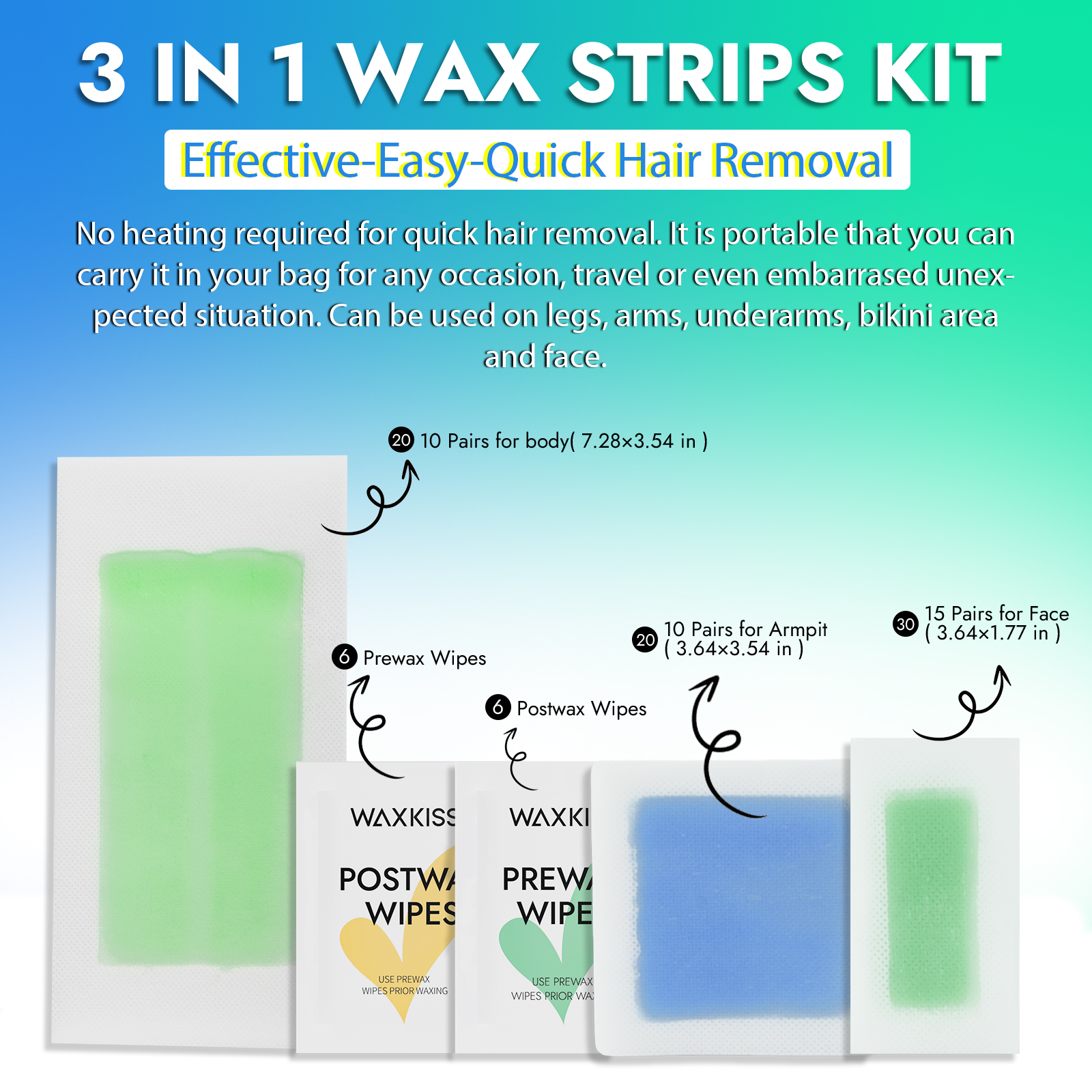 Waxkiss Wax Strips Kit for Women Men 70 Counts 3 Sizes & 12 Pcs Prewax and Afterwax Wipes Ready-to-use Waxing Strips Kit for Hair Removal Home Waxing Kit with Brazilian Wax Strips