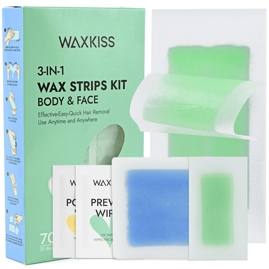 Waxkiss Wax Strips Kit for Women Men 70 Counts 3 Sizes & 12 Pcs Prewax and Afterwax Wipes Ready-to-use Waxing Strips Kit for Hair Removal Home Waxing Kit with Brazilian Wax Strips