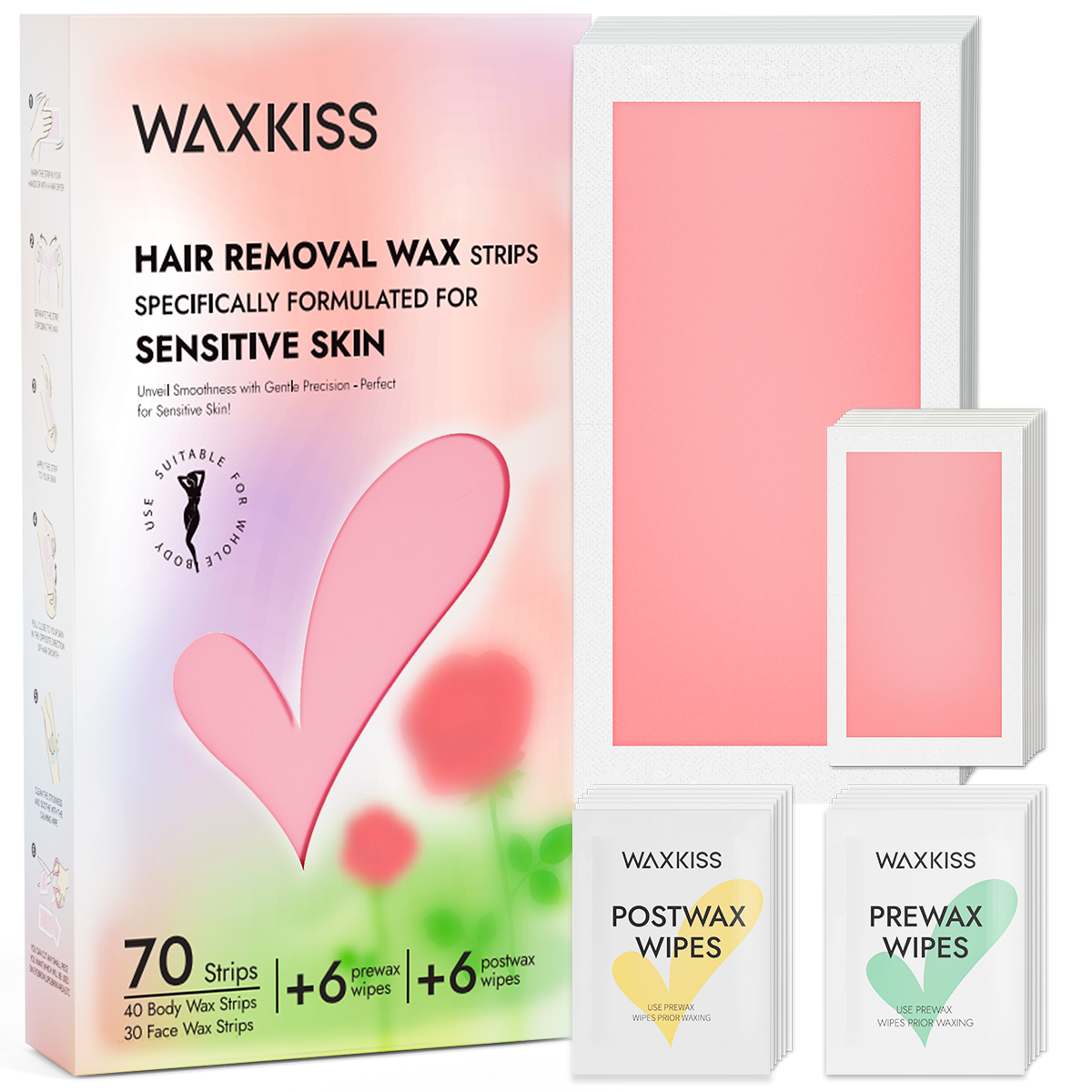 Waxkiss 70 Count Wax Strips for Hair Removal More Gentle Ready-to-Use Strips At Home Waxing Kit with 6 Prewax Wipes & 6 Postwax Wipes